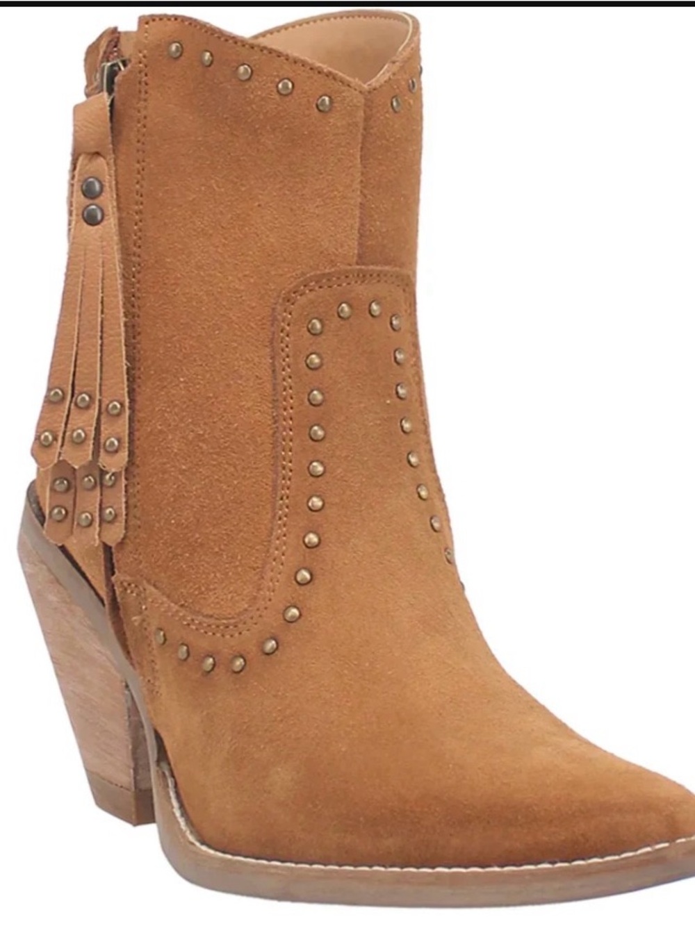 Brand New, Dingo Tan Suede Studded Western Ankle Bootie with Tassel